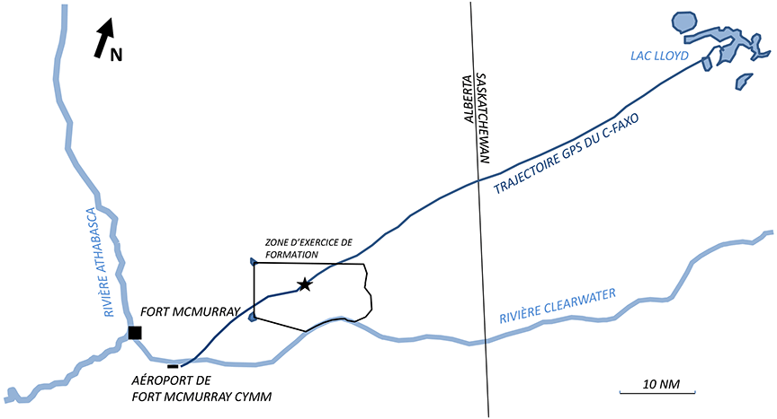 Emplacement de la zone d'exercice au nord-est et trajectoire du C-FAXO du lac Lloyd à CYMM