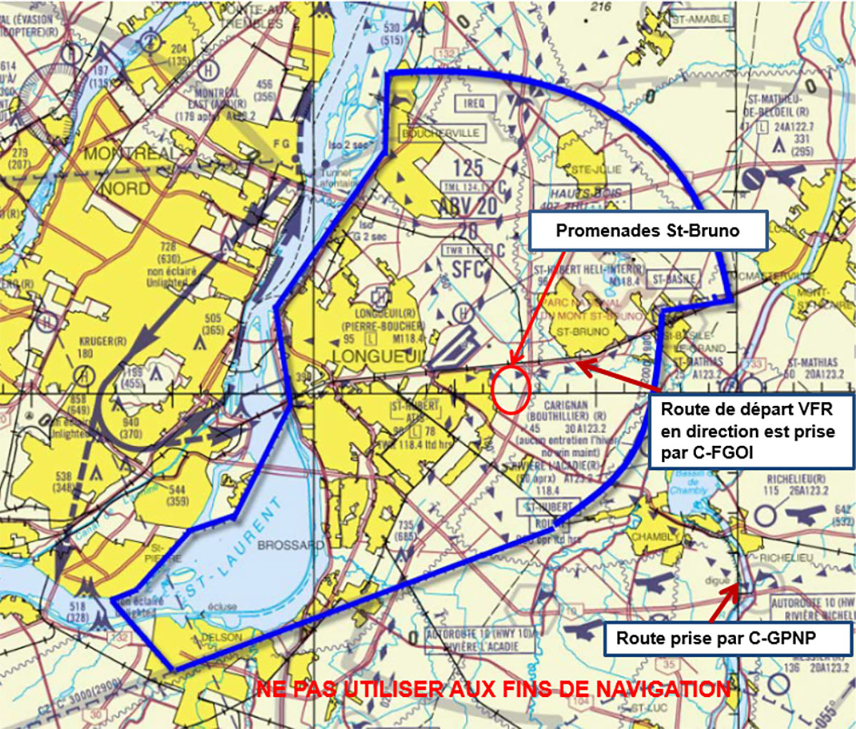 Zone de contrôle de St-Hubert (en bleu) et région avoisinante (Source : NAV CANADA, <em>Manuel d'exploitation d'unité – Tour de St-Hubert</em>, avec annotations du BST)