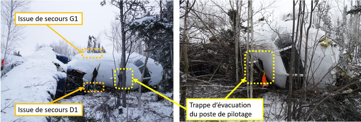 Orientation et accès aux issues de secours G1 et D1 (image de gauche), ainsi qu’à la trappe d’évacuation du poste de pilotage (images de droite et de gauche) (Source : Gendarmerie royale du Canada, avec annotations du BST)