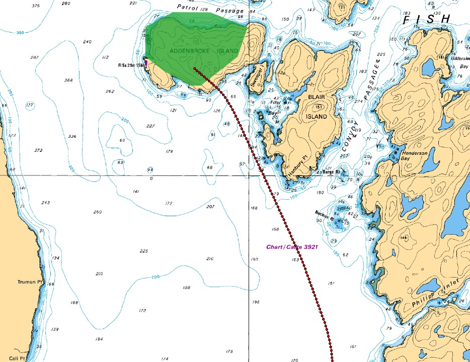 Comparaison, en pixels, entre l’écran de la carte de base Garmin G1000 installée (forme ombragée superposée) et de la masse terrestre réelle de l’île Addenbroke. La ligne pointillée représente la route réelle de l’aéronef de l’événement à l’étude. (Source : Carte no 3934 du Service hydrographique du Canada, avec annotations du BST)