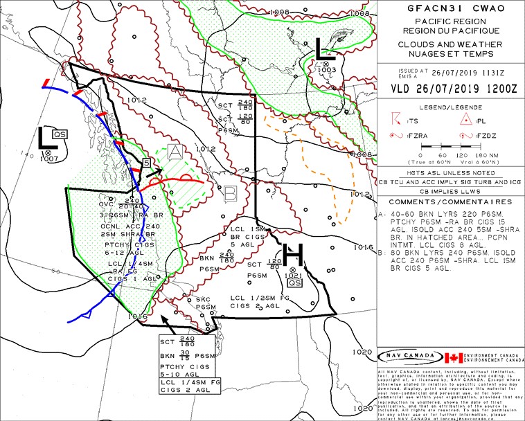 Carte de prévision de zone graphique Nuages et temps valide à 5 h, heure avancée du Pacifique (1200Z) (Source : NAV CANADA)