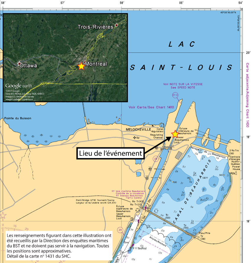 Lieu de l'événement, à l'écluse inférieure de Beauharnois (Source : Service hydrographique du Canada et Google Earth, avec annotations du BST)