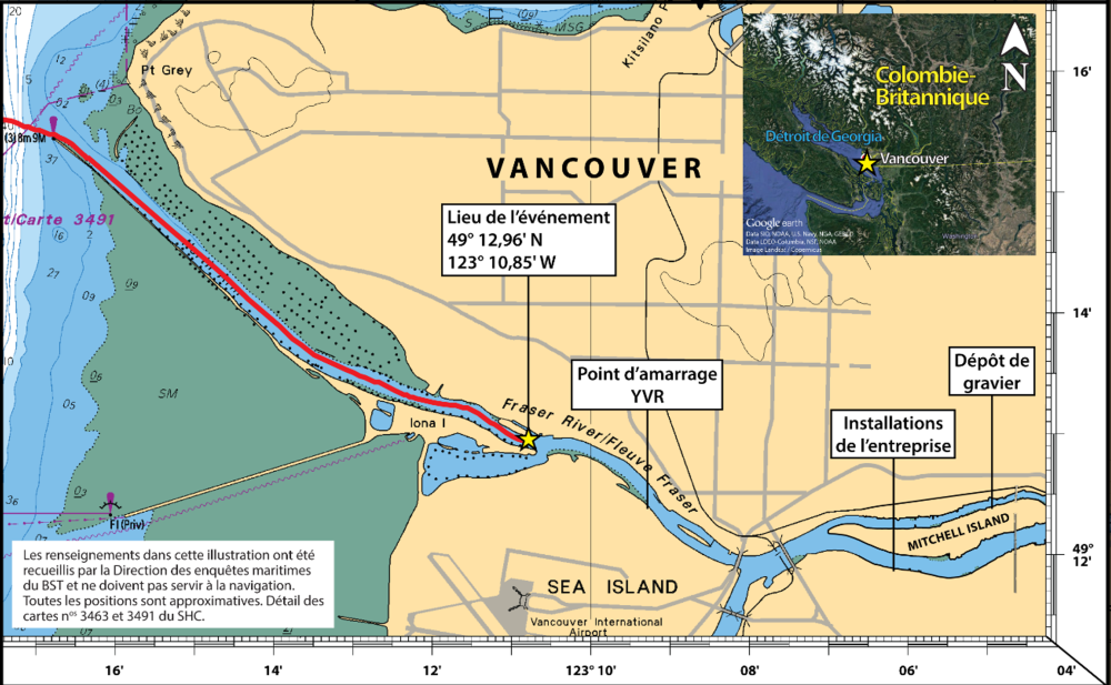 Zone de l'événement à l'étude, avec l'itinéraire du navire en rouge (Source de l'image principale : Cartes 3463 et 3491 du Service hydrographique du Canada, avec annotations du BST. Source de l'image insérée : Google Earth, avec annotations du BST)