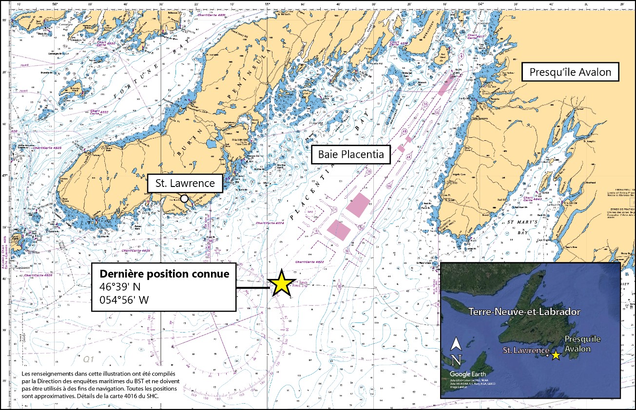 Lieu de l’événement, indiquant la dernière position connue du Sarah Anne et les voies de navigation à proximité (Source de l’image principale : carte no 4016 du Service hydrographique du Canada avec annotations du BST; source de l’image en médaillon : Google Earth, avec annotations du BST)