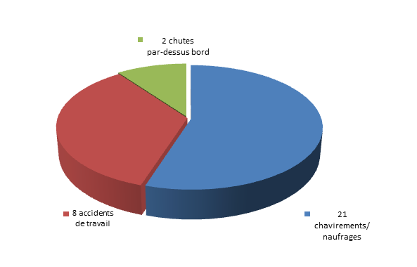 Types d'accidents associés aux 31 pertes de vie à bord de bateaux de pêche au chalut,
1999 à 2010
