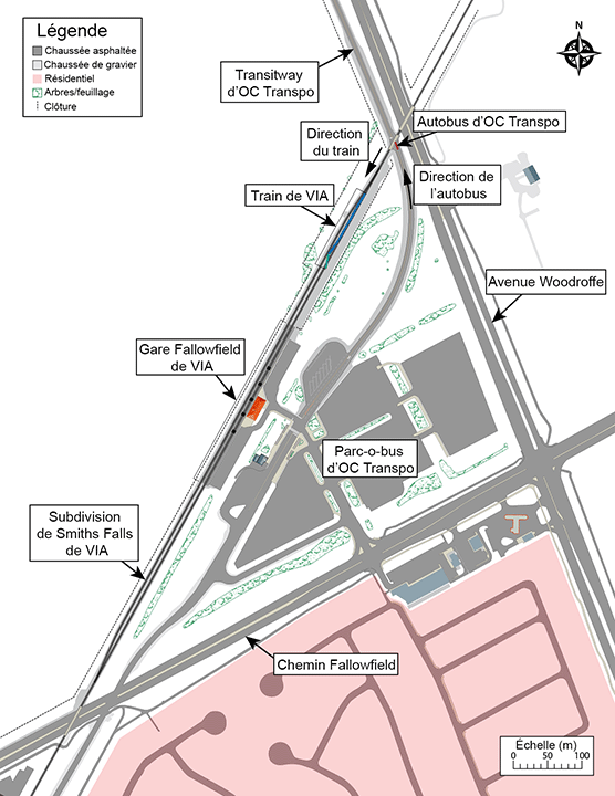 Schéma des routes et des voies ferrées dans les environs de la gare Fallowfield de VIA