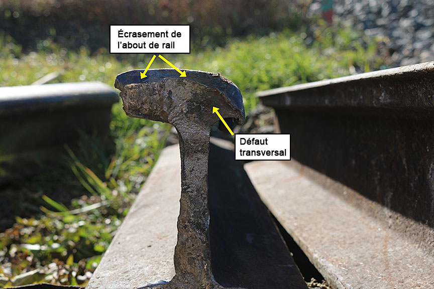 Surface de rupture du rail montrant l'écrasement de l'about de rail et un défaut transversal