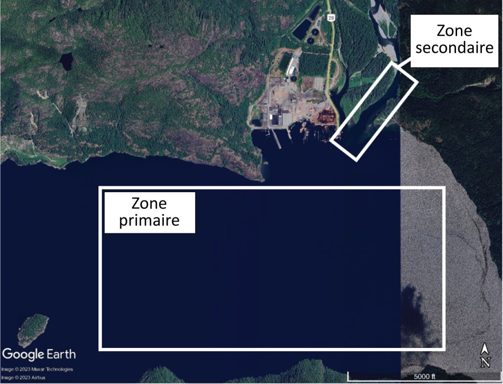 Figure 2. Zones d’exploitation de l’hydroaérodrome de Gold River (Source : Google Earth, avec annotations du BST fondées sur la description de l’exploitant) Figure 2. Zones d’exploitation de l’hydroaérodrome de Gold River (Source : Google Earth, avec annotations du BST fondées sur la description de l’exploitant)