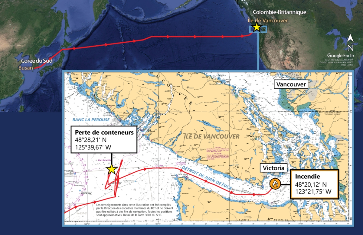 Figure 2. Image satellite et carte montrant la position du ZIM Kingston au moment du fort mouvement de roulis et de la perte des conteneurs (Source de l’image principale : Google Earth, avec annotations du BST; source de l’image en médaillon : Service hydrographique du Canada, carte 3001, avec annotations du BST) Figure 2. Image satellite et carte montrant la position du ZIM Kingston au moment du fort mouvement de roulis et de la perte des conteneurs (Source de l’image principale : Google Earth, avec annotations du BST; source de l’image en médaillon : Service hydrographique du Canada, carte 3001, avec annotations du BST)