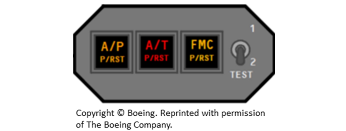 Figure 6. Autopilot (A/P) and autothrottle (A/T) indicator, which houses the A/P and A/T disengage lights (Source: The Boeing Company) Figure 6. Autopilot (A/P) and autothrottle (A/T) indicator, which houses the A/P and A/T disengage lights (Source: The Boeing Company)