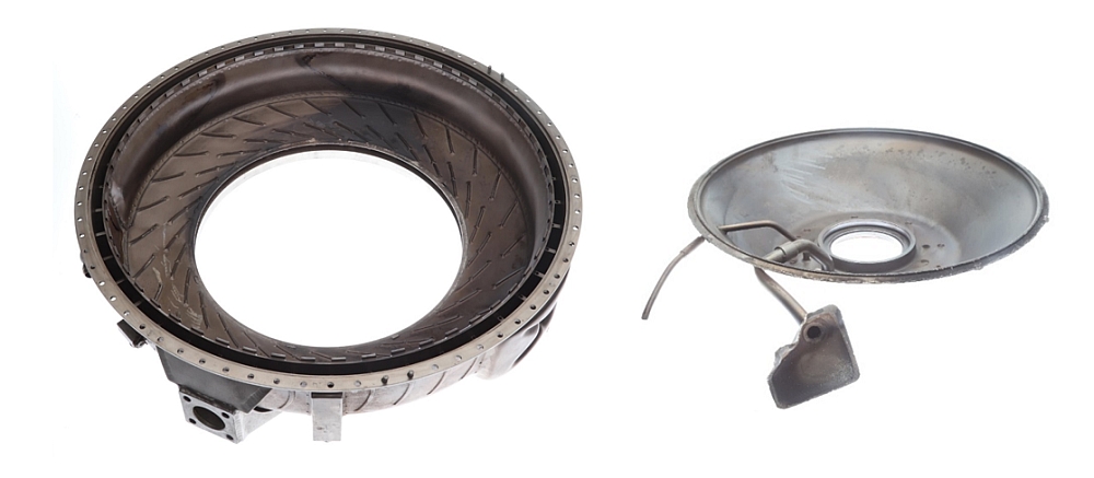 Figure 5. Air diffuser casing assembly (left) and No. 2 bearing support cone (right) separated at the braze joint (Source: TSB) Figure 5. Air diffuser casing assembly (left) and No. 2 bearing support cone (right) separated at the braze joint (Source: TSB)
