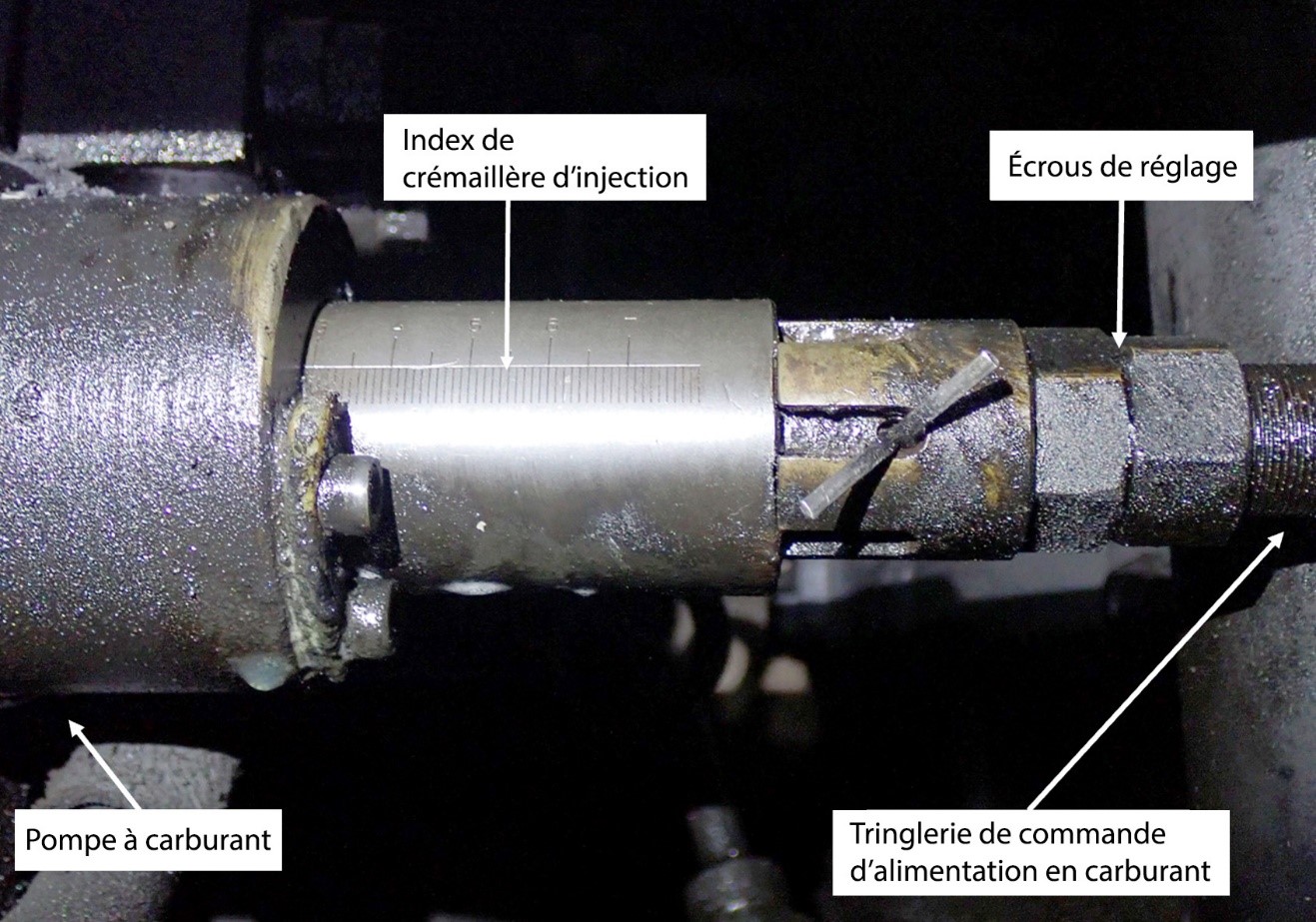 Index de crémaillère d’injection et écrous de réglage manuel de l’une des pompes à injection de carburant du Tecumseh (Source : BST)