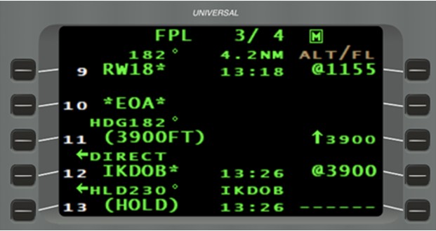 Figure 7. Page FPL 3/ 4 of the flight plan (Source: Universal Avionics, FMS Trainer v4.1.0.600) Figure 7. Page FPL 3/ 4 of the flight plan (Source: Universal Avionics, FMS Trainer v4.1.0.600)