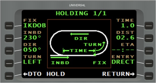 Figure 8. Holding pattern definition page (Source: Universal Avionics, FMS Trainer v4.1.0.600) Figure 8. Holding pattern definition page (Source: Universal Avionics, FMS Trainer v4.1.0.600)