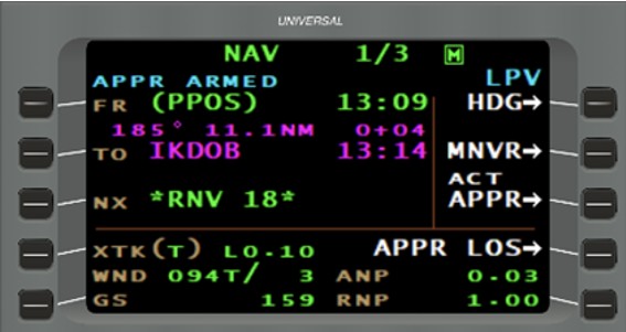 Figure 9. Main navigation page en route to IKDOB before the holding pattern was programmed (Source: Universal Avionics, FMS Trainer v4.1.0.600) Figure 9. Main navigation page en route to IKDOB before the holding pattern was programmed (Source: Universal Avionics, FMS Trainer v4.1.0.600)