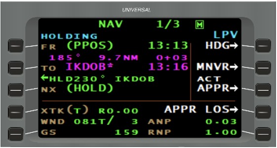 Figure 10. Main navigation page en route to IKDOB after the holding pattern was programmed (Source: Universal Avionics, FMS Trainer v4.1.0.600) Figure 10. Main navigation page en route to IKDOB after the holding pattern was programmed (Source: Universal Avionics, FMS Trainer v4.1.0.600)