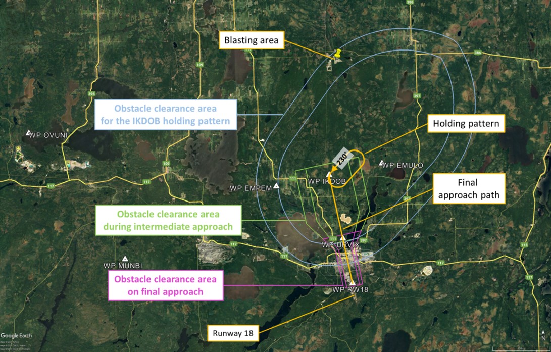 Figure 15. Map of the area of the occurrence showing the holding pattern at IKDOB on the RNAV (GNSS) RWY 18 approach to Val-d’Or Airport (Source: Google Earth, with TSB annotations. Information on obstacle clearance areas provided by NAV CANADA.) Figure 15. Map of the area of the occurrence showing the holding pattern at IKDOB on the RNAV (GNSS) RWY 18 approach to Val-d’Or Airport (Source: Google Earth, with TSB annotations. Information on obstacle clearance areas provided by NAV CANADA.)