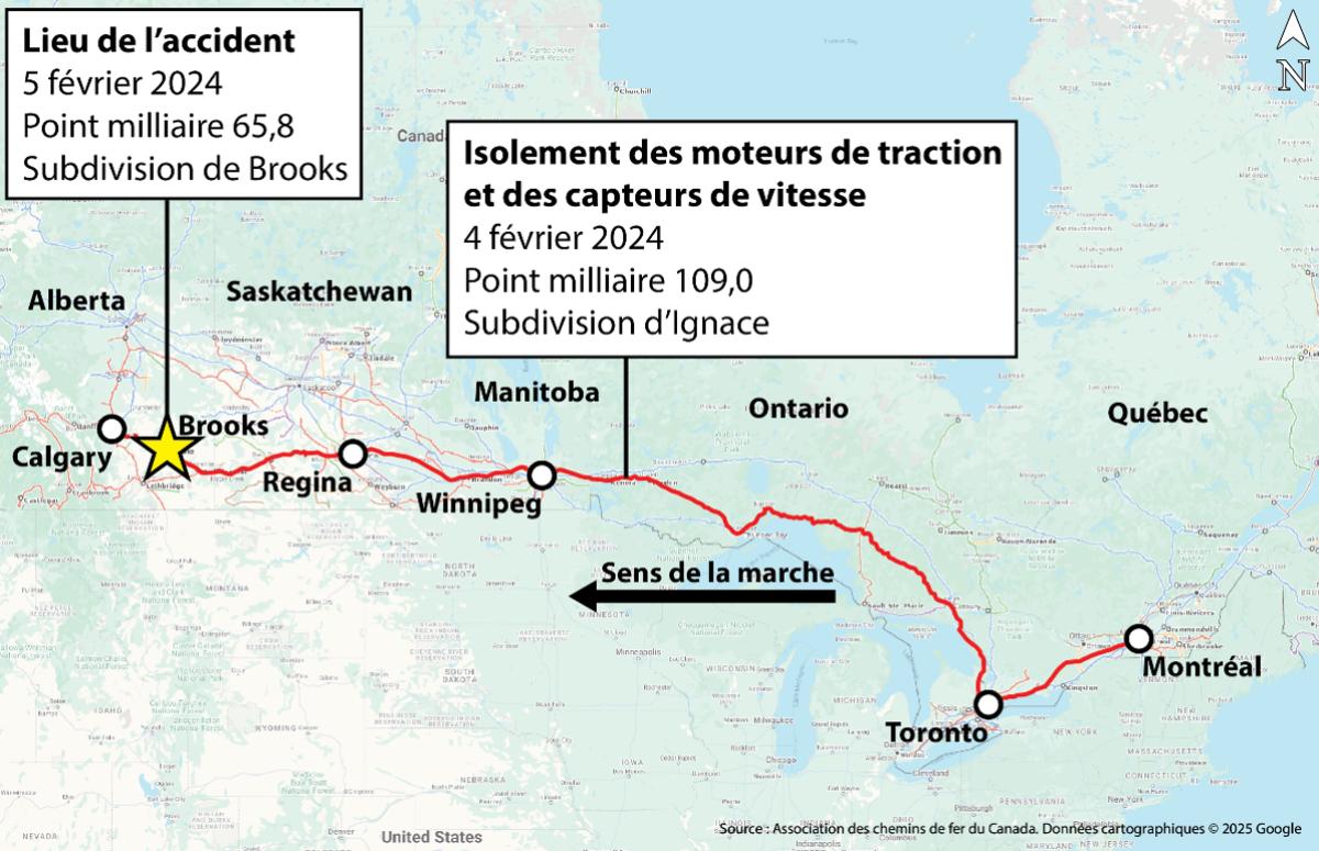 Figure 1. Carte de la route du train, montrant l’endroit où le train s’est arrêté dans la subdivision d’Ignace en raison de problèmes avec un moteur de traction de la locomotive KCS 4767 et l’endroit où il a déraillé dans la subdivision de Brooks