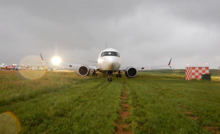Le Boeing 737-8 (MAX) exploité par Air Canada immobilisé dans l’herbe à environ 800 pieds du bord de la piste 06L à l'aéroport international Montréal/Pierre-Elliott-Trudeau (Source : Bureau de la sécurité des transports du Canada)
