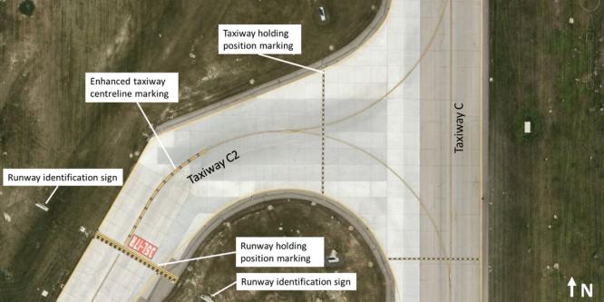 Figure 3. Taxiway C2 markings and signage (Source: Google Earth, with TSB annotations)