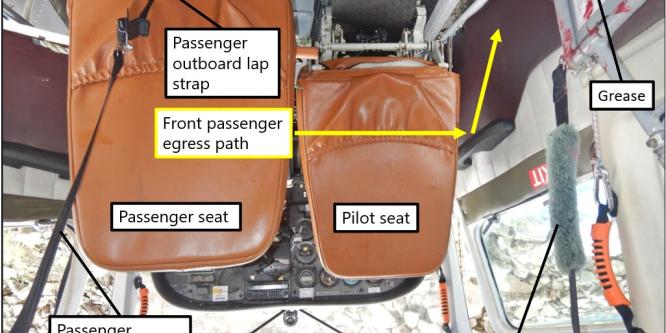 Figure 3. The inverted occurrence aircraft cockpit illustrating the egress route of the front passenger with the passenger shoulder harness connected to the outboard lap strap and the pilot shoulder harness disconnected from the outboard lap strap. The red grease was part of the cargo being transported to the logging camp. (Source: TSB)