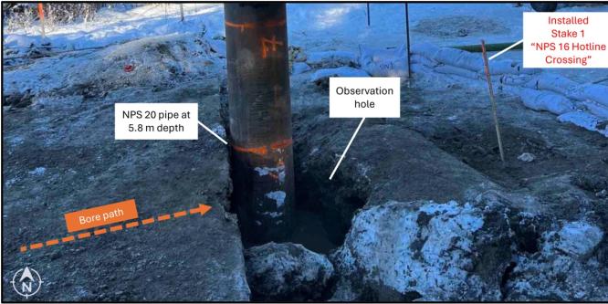 Figure 3. NPS 20 pipe installed 5.8 m deep into observation hole on the day of the occurrence (Source: Westcoast, with TSB annotations)